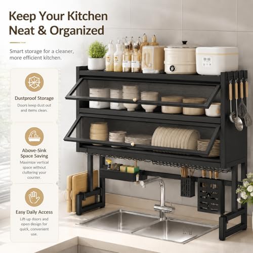 Over The Sink Dish Drying Rack (Black L-25.59in, Double-Layer)