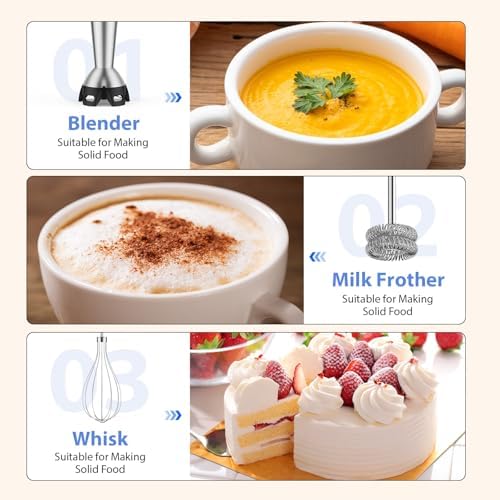 KOIOS Immersion Blender, 1000W Anti-scratch 3-in-1 Hand Blender, Upgraded 12 Speed Stainless Steel Blade Stick Blender with Turbo Mode, Whisk and Milk Frother, Non-BPA, Black - Image 6