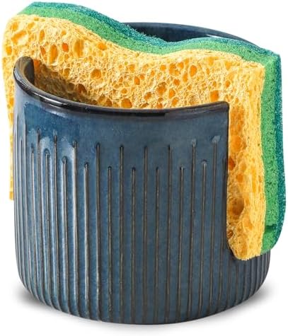 Ceramic Sponge Holder for Kitchen Sink, Scrub Sponge Dish Rack, Farmhouse Compact Sink Caddy Organizer, Glazed Blue
