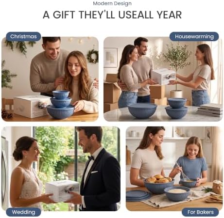 GENICOOK 3 Set Blue Ribbed Glass Mixing Bowls Set with Lids, BPA Free - Image 6