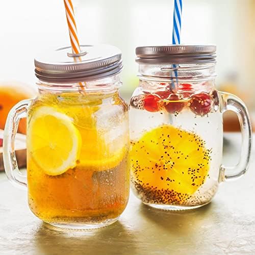 8 Pack 16 oz Glass Mason Jar Mugs with Handle, 16 Tin Lids and 8 Plastic Straws, Old Fashioned Mason Jar Drinking Glasses, Clear Glass Cups for Party and Daily Use