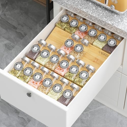 Bamboo Spice Drawer Organizer with Non-slip Mat,4 Tier Jar Spice Rack Tray 9.5'',Seasoning Organizer for Kitchen,Cabinet,Drawers,Countertop