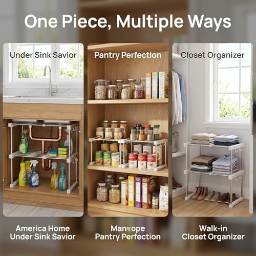 Expandable Under Sink Organizer, No-Drill Adjustable Shelf