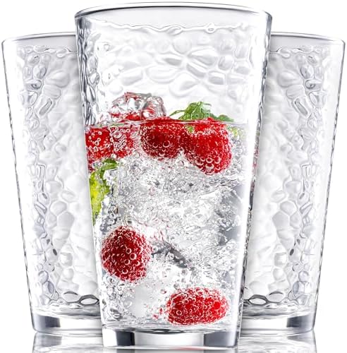 Set of 10 Hammered Glass Cups, Clear Heavy Base Drinking Glasses
