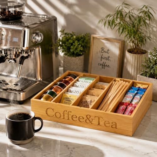 Premium Bamboo Coffee Station & Tea Bag Organizer Box -7 Adjustable Slots with Removable Dividers, Silicone Non-Slip Pads - Eco-Friendly Countertop & Drawer Storage for K-Cups, Office Breakroom