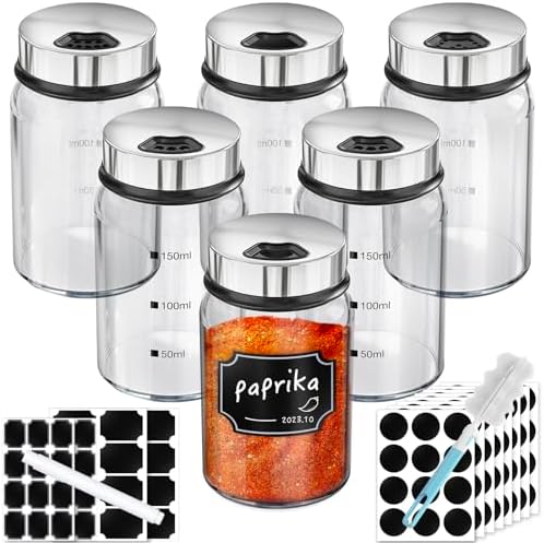 Spice Jars with Labels, 6 Pack 5oz Glass Spice Containers with Lids, Empty Clear Salt Shakers for Kitchen Condiment Storage, Spice Bottles Set with 136 Stickers, 1 Marker Pen and 1 Brush