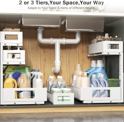 3-Tier Pull Out Under Sink Organizer,2-Pack Heavy Duty Metal Cabinet Organizer Shelf with Suction Cups,5-Level Adjustable Height,L-Shaped Storage Drawer Rack for Kitchen,Bathroom,Laundry,Pantry-White