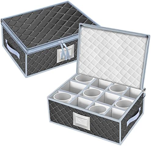 Mug and Cup Storage Box with Dividers - 2 Pack China Storage Bin Containers Holds 24 Glassware, Stackable Coffee Mug Organizer Bin and Tea Cup with 2 Metal Zipper,Label and Handles (Grey)