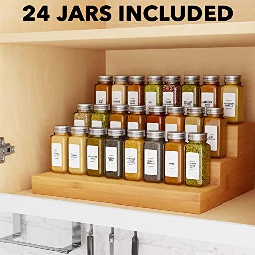 24 Pcs Spice Jars with Labels, Empty 4oz Glass Spice Bottles, Minimalist Farmhouse Spice Labels Stickers with Funnel, Seasoning Containers for Spice Rack, Cabinet and Drawer