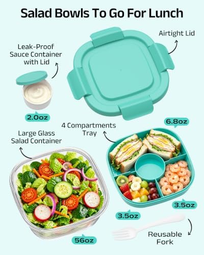 Glass Salad Container,56oz Salad Bowl To Go for Lunch with Airtight Lid,Leak-Proof Sauce Container,4-Compartment Bento Tray & Reusable Fork - BPA-Free Glass Lunch Box for Meal Prep,Office（Green）
