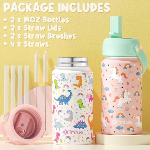 Kids Insulated Water Bottle, 14oz BPA FREE Double Wall Vacuum Tumbler 18/8 Stainless Steel Leak Proof Kids Cups with Straw Metal Bottle for School Boy Girl (2 Pack, UNICORN/WHITE DINOSAUR)