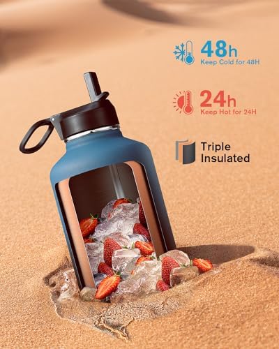Half Gallon Water Bottle Insulated with Straw & 3 Leakproof Lids