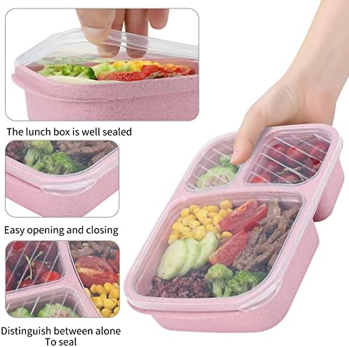 8 Pack Bento Lunch Box Set 3 Compartment Wheat Straw Meal Prep Food Storage Containers Plastic, Microwave and Dishwasher Safe(light colour)