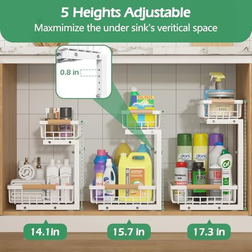 Under Sink Organizer 2 Packs, Pull Out Kitchen Sink Organizer, 2 Tier Slide Out Kitchen Organizers and Storage Bathroom Under Cabinet Storage Shelf, White