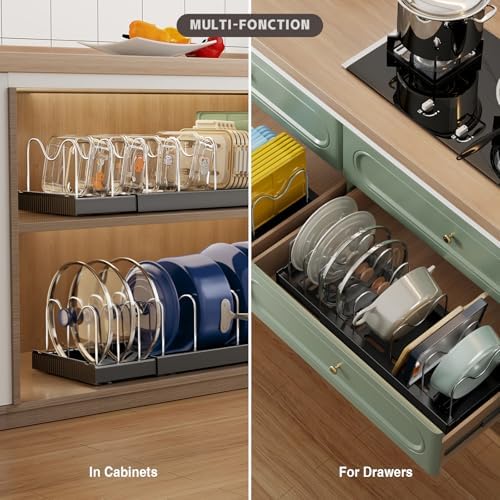 2 Pack Expandable Food Storage Container Lid Organizers, 22" Pots and Pans Organizer Under Cabinet with 9 Adjustable Dividers Pot and Pan Lid Holders Rack Inside Cabinet(Black)