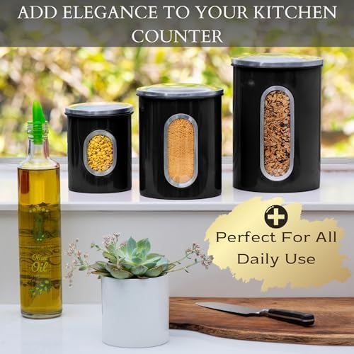 3-Pcs Black Canisters Set for Kitchen Storage Airtight Jars