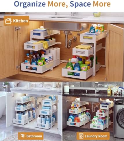 Under Sink Organizer, Pull Out Under Kitchen Sink Organizers, 2 Pack 3 Tier