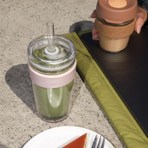 Cold Cup Iced Coffee Tumbler, 16 oz Tempered Glass Cup with Removable Tritan Sleeve - Lid and Reusable Straw, Boba and Smoothie Cup, Chalk