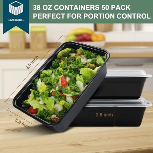 50 Pack Meal Prep Containers 38 oz, Leakproof To Go Food Containers, Disposable & Reusable Food Prep Containers for Takeout, Food Storage Containers BPA-Free, Microwave/Dishwasher/Freezer Safe