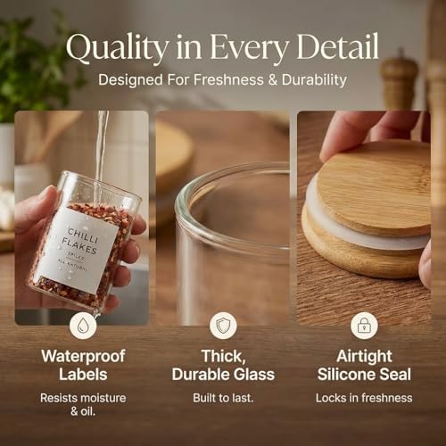 Glass Spice Jars with Labels-12 Pack- 6.8oz- 360 Labels- Spice Containers with Bamboo Lids -Spices Organization for Cabinet-Drawer-Rack-Seasoning containers-herbs- Organizer-Spices Bottles