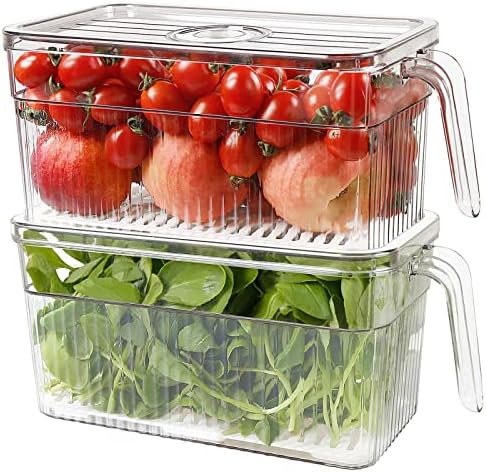 2 Pack Plastic Food Storage Produce Containers for Fridge, Stackable Lettuce Keeper for Refrigerator with Removable Drain Tray Keep Fresh for Vegetables/Fruit/Berry/Salad - 10'' x 5.3'' x 5.2''