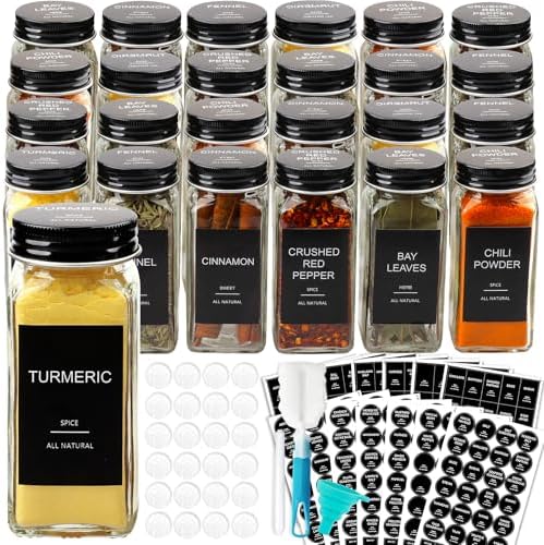 24 Pcs Glass Spice Jars with 398 Labels, 4oz Empty Square Spice Containers Seasoning Bottles - Shaker Lids, Funnel, Brush and Marker Included(Black Metal Caps)