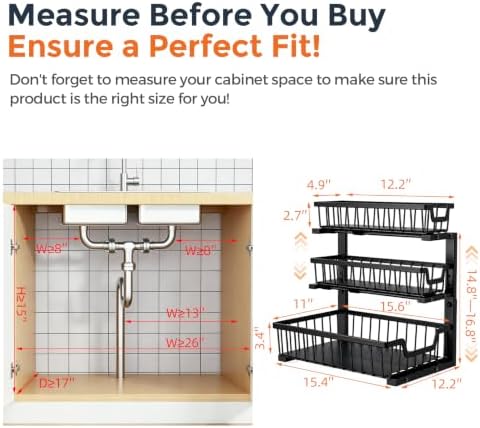 Under Sink Organizer, 2-Pack 3-Tier Height Adjustable Thickened Metal Pull out Cabinet Organizer Shelf, Slide out Storage Drawer Rack for Bathroom Kitchen Pantry Home Laundry Organization (Black)