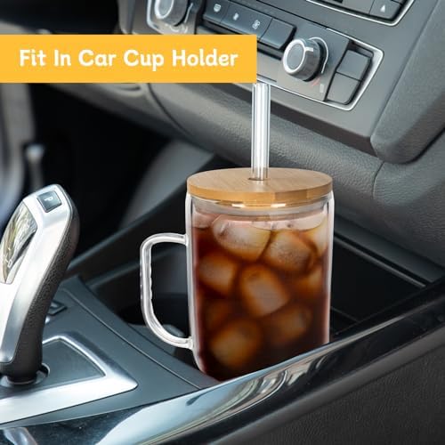 Glass Cups With Lids And Straws, Leakproof Tumbler Mason Jar Coffee Cup, Cap Cup Leak-Proof with Straw, Reusable Iced Coffee Smoothie Matcha Cup Aesthetic Coffee Gifts Women