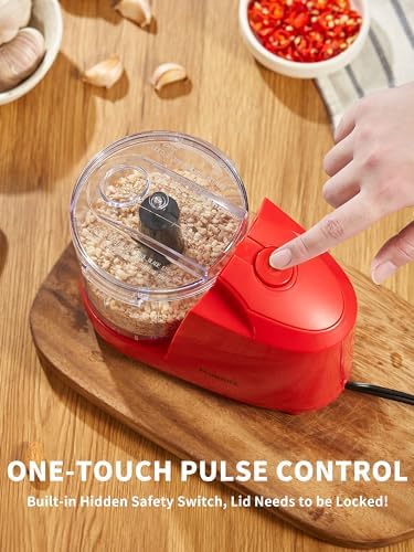 1.5-Cup One-Touch Electric Food Chopper, 100W Mini Food Processor Meat Grinder, Mix, Chop, Mince and Blend Vegetables, Fruits, Nuts, Meats, Stainless Steel Blade (Red)