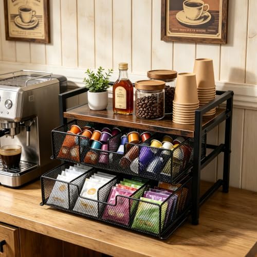 Double Drawer Tea Bag Organizer, 16-Compartment Wooden Tea Box