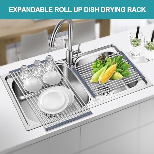 Extra Large Expandable Roll Up Dish Drying Rack,Over The Sink Drying Rack Sink Cover Kitchen Sink Accessories Kitchen Rolling up Stainless Steel Drainer, Foldable,Rollable（Gray，22.8''-12.4''）