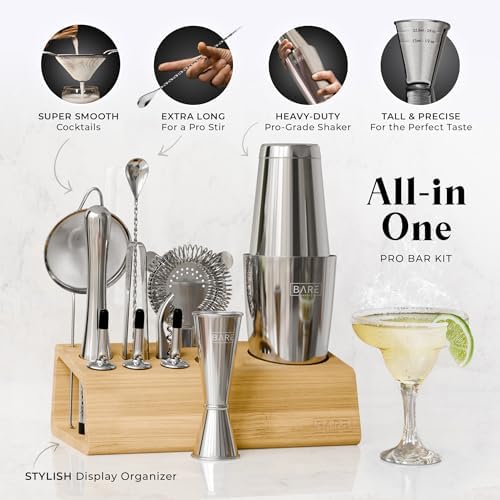 Mixology Bartender Kit Bar Set | 14-Piece Cocktail Shaker Set | Martini Barware Mixing Tools for Home Bartending | Incl. 35 Recipe Cards | Gift Set (28oz Boston Shaker, Silver/Natural)