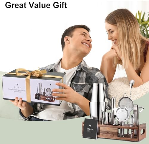 Premium 15-Piece Mixology Bartender Kit – Stainless Steel Cocktail Shaker Set with Wooden Stand | Professional Boston Shaker Bar Tool Set for Home & Expert Mixologists | Luxury Cocktail Making Gift