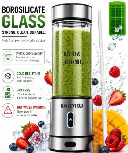 Portable Smoothie blender ROSEVIEW Glass bottle 200W Power USB rechargeable mini Handheld Ice Shakes Cup blend juicer Cordless blender Personal smoothies maker Fruit mixer - Image 3