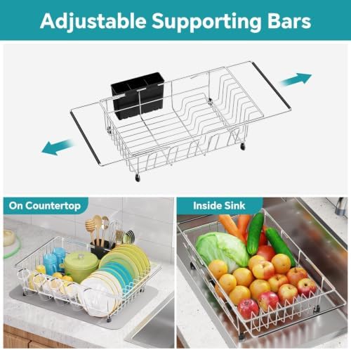 Adjustable Dish Drying Rack in Sink with Utensil Holde