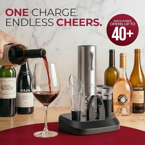 Electric Wine Opener with Charging Base - Electric Wine Bottle Opener, Stainless Steel Wine Opener - Aerator Pourer, Foil Cutter & 2 Vacuum Stoppers - Silver