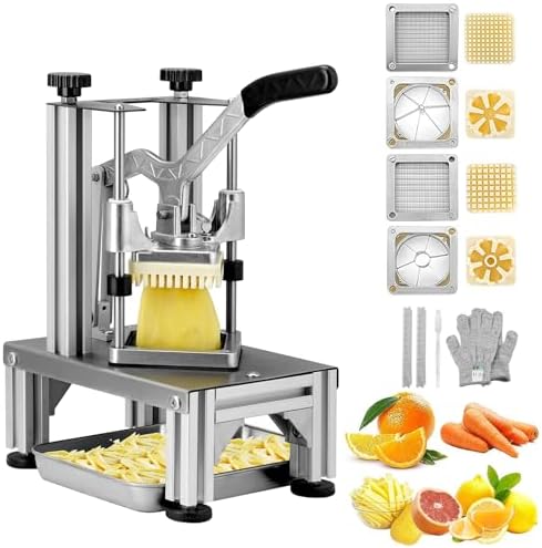 VEVOR Commercial French Fry Cutter with 4 Replacement Blades, 1/4" and 3/8" Blade Easy Dicer Chopper, 6-wedge Slicer and 6-wedge Apple Corer, Lemon Potato Cutter for French Fries with Extended Handle by VEVOR