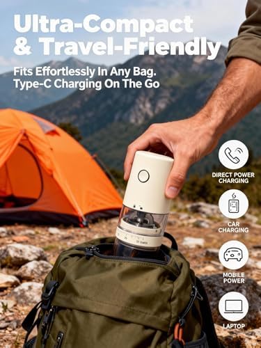 Portable Electric Burr Coffee Grinder, E96T, Light Beige