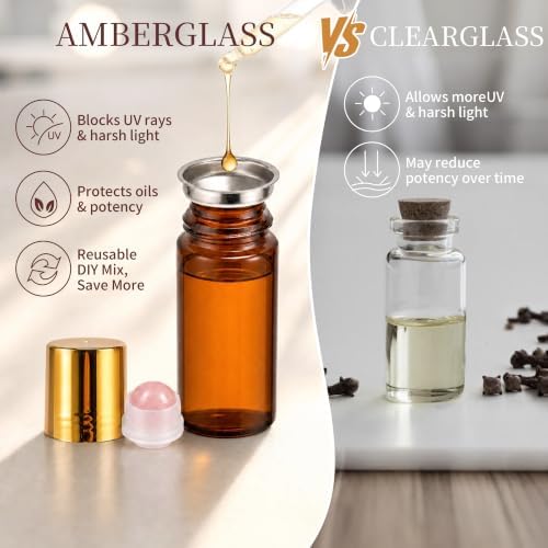 Roller Ball Applicator,Rose Quartz Roller Bottle,50ml Refillable Amber Glass Roll On Bottles with Natural Crystal Roller Balls,Leak-Proof Travel Perfume Bottle with Gold Caps (2Purple) - Image 4