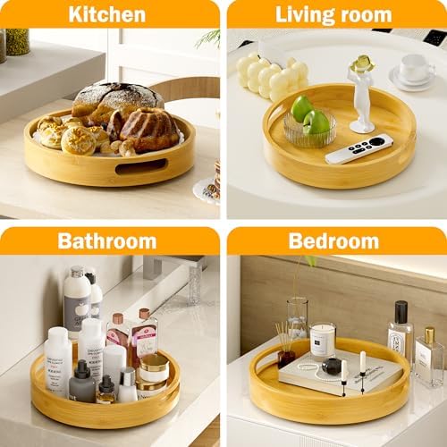 Lazy Susan Organizer 12 Inch Non-Skid Bamboo Lazy Susan for Kitchen Rotating Spice Rack with Handles, Wood Turntable for Kitchen Cabinet,Countertop (Bamboo, Medium)