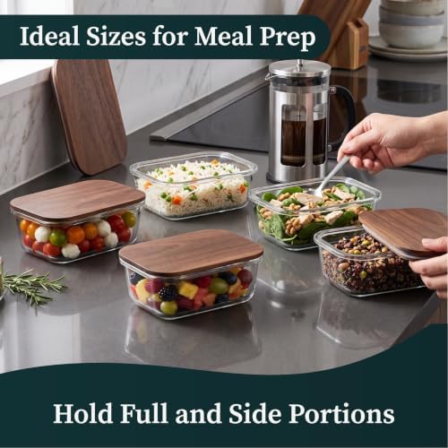 Glass Meal Prep Containers with Acacia Wood Lids, 5-Pack 21 oz / 2.5 Cup Small Glass Lunch Containers with Lids, Borosilicate Snack & Sauce Containers, BPA-Free Plastic-Free, Aesthetic