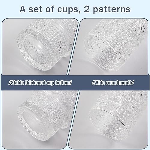 16oz Drinking Glasses Set of 4, 2 Hobnail Glasses & 2 Embossed Water Goblets, Flower Design Stackable Vintage Tumbler Glasses, Old Fashion Beaded Glass Cups for Cocktail, Iced Coffee, Beer