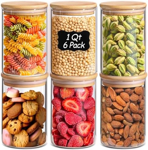 Glass Storage Containers with Lids 1 Qt, Set of 6 Food Storage Jars