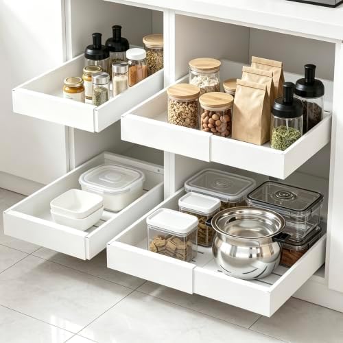 4 Pack Pull Out Cabinet Organizer Expandable, Adhesive with Nano Film, Pull Out Drawers for Cabinets in Kitchen, Pantry or Bathroom (White, 21“DEEPX[12"-20'']Width-4PACK)
