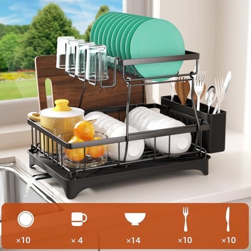 2-Tier Dish Drying Rack - Dish Rack with Auto Drain-to-Sink & Mat