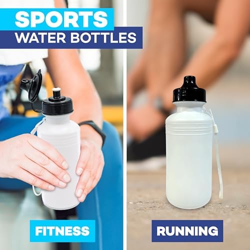 Sports Water Bottles Bulk (12 Pack) 18 oz Squeeze Reusable Plastic White School Bike Water Bottle for Kids, BPA Free, Party Favor Giveaways, ee, School Kids Bottles