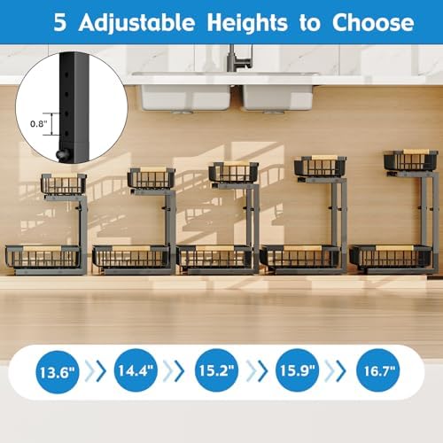 2Pcs Under Sink Organizer, 2-Tier Pull Out Under Sink Organizers and Storage, Adjustable Metal Under Cabinet Organizer Shelf, Bathroom Organizer, Sliding Out Drawer for Kitchen Pantry Black