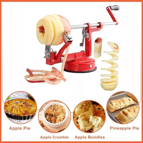 Apple Peeler Corer, 5 In 1 Apple Peeler Slicer Corer with Stainless Steel Blades and Powerful Suction Base for Apples and Potatoes(Ruby)