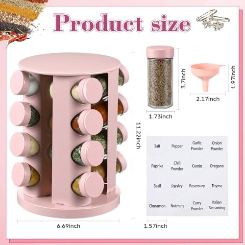 Pink Rotating Spice Rack with 16 Empty Jars and Labels