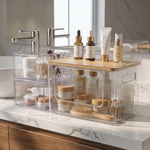 Under Sink Organizer 3 in 1, Stackable Acrylic Bathroom Storage, Trash Bag Dispenser and Dishwasher Pods Holder for Kitchen and Laundry Room Organization